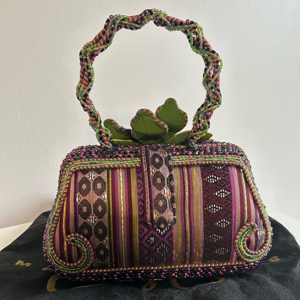 Mary Frances Floral Beaded Evening Bag — Plum and Green - Picture 2 of 3
